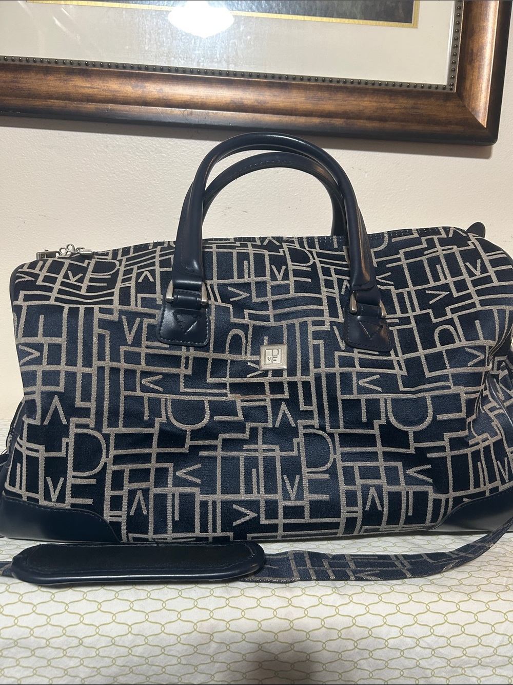 Monogram Pattern Black & Cream Travel Duffle Bag